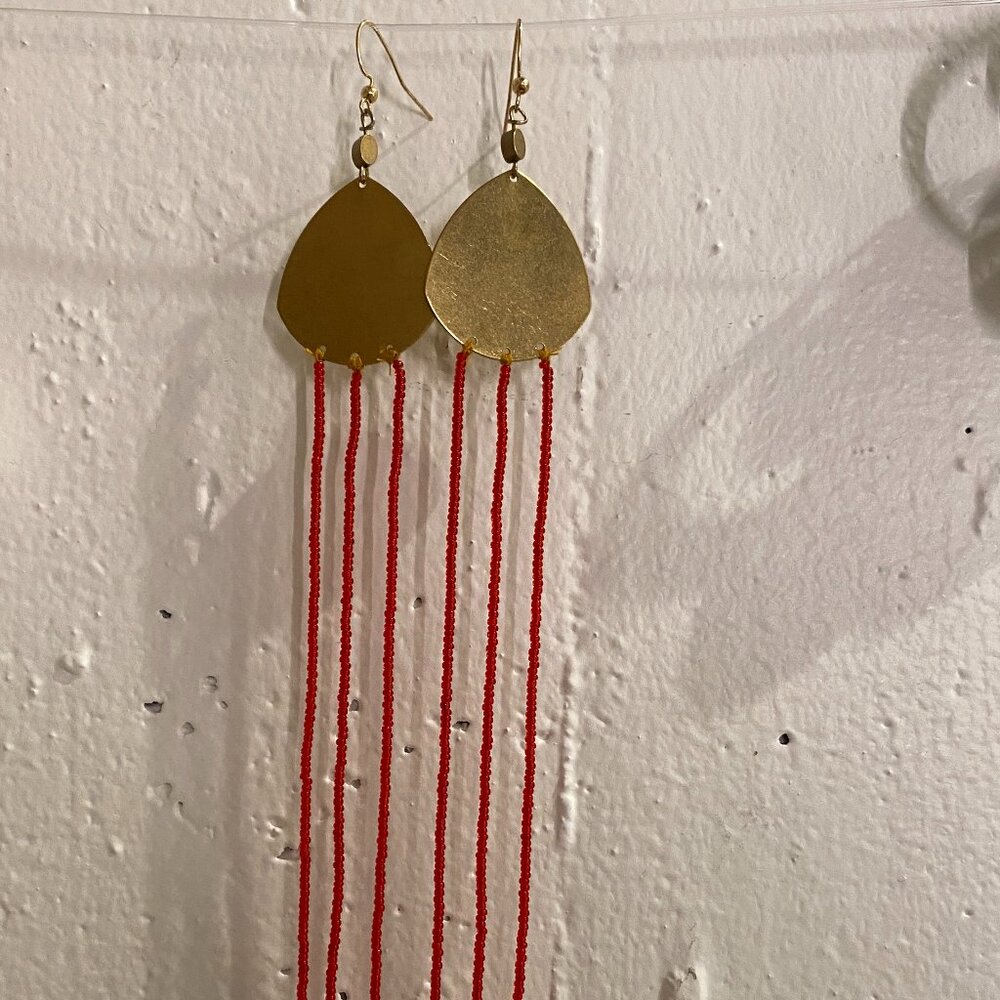 Long Beaded Red Gold medallion Snake serpent earrings